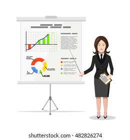 Business Woman standing near whiteboard and pointing on the chart of finance analytics, flat illustration isolated on white