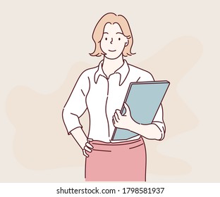 Business woman standing in the office, holding a file in her hands. Hand drawn in thin line style, vector illustrations.