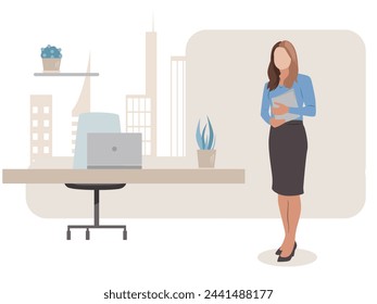 Business woman standing in office holding documents, flat design vector illustration