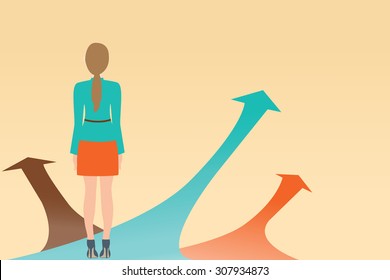 Business woman standing on the arrow with many directions ways,Choices concept, Vector illustration.