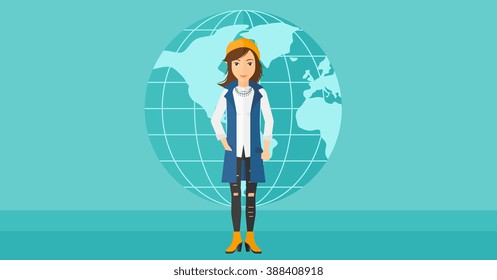 Business woman standing on globe background.