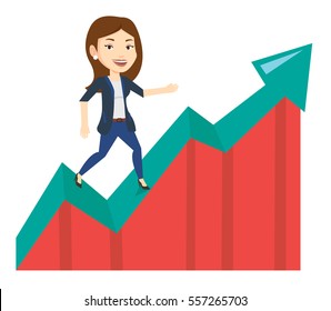 Business woman standing on profit chart. Caucasian successful business woman running along the profit chart. Concept of business profit. Vector flat design illustration isolated on white background.