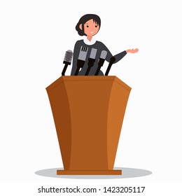 Business woman standing on rostrum giving speech. Flat vector illustration.