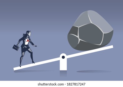 Business Woman Standing on Scale Compared with Big Stone. Illustration Concept of Human Power is Crucial in Business 
