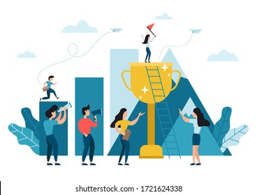 Business woman standing up on top of the big trophy cup reaching the flag, challenge carrer, path to the goal. Business concept growth to success, reach the target, creative ideas.