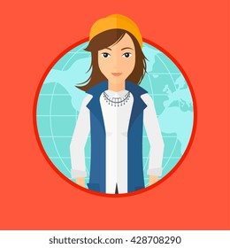 A business woman standing on a world map background. Business woman taking part in global business. Global business concept. Vector flat design illustration in the circle isolated on background.