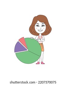 Business woman standing with a pie chart on a white background. Perfect for coloring book, textiles, icon, web, painting, children's books, t-shirt print.