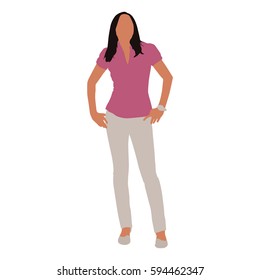 Business woman standing in pink shirt and white trousers, abstract vector illustration