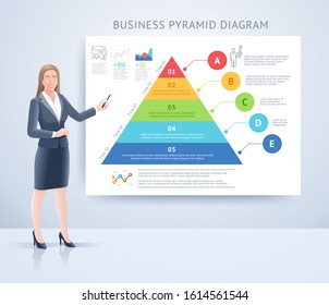 Business woman standing presentation with infographics vector illustrations.