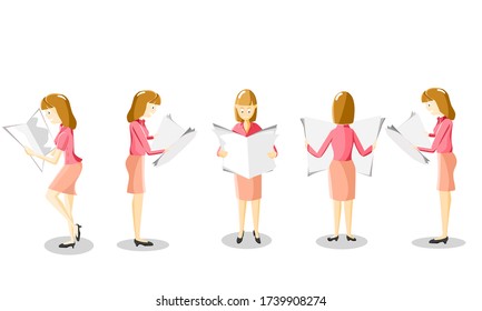 Business woman
Standing and reading books with different postures
