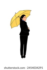 Business Woman standing rear view under umbrella. Female Person in formal suit holding parasol in hand. Security, protection, insurance concept. Flat vector illustration isolated on white background.