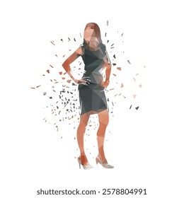 Business woman standing, woman in short clothes and high heels shoes, low poly distorted isolated vector silhouette, geometric drawing, front view