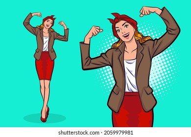 business woman standing showing arms muscles smiling proud pop art comics style.