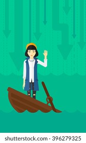 Business woman standing in sinking boat.