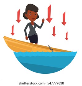 Business woman standing in sinking boat and asking for help. Business woman sinking and arrows behind her symbolizing business bankruptcy. Vector flat design illustration isolated on white background.