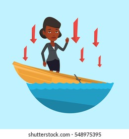 Business woman standing in sinking boat and asking for help. Business woman sinking and arrows behind her pointing down symbolizing business bankruptcy. Vector flat design illustration. Square layout.