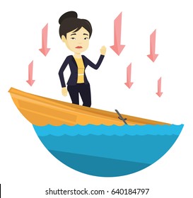 Business woman standing in sinking boat and asking for help. Woman sinking and arrows behind her pointing down symbolizing bankruptcy. Vector flat design illustration isolated on white background.