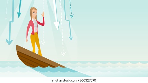 Business woman standing in sinking boat and asking for help. Business woman sinking and arrows behind her pointing down symbolizing bankruptcy. Vector flat design illustration. Horizontal layout.
