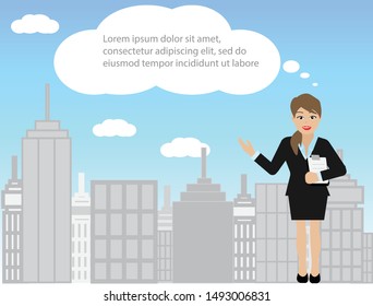Business woman standing with skyscraper buildings scenic and blue sky behind.  Free space for text in speech bubble cloud.  Idea for startup business / project presentation. Vector Illustration.