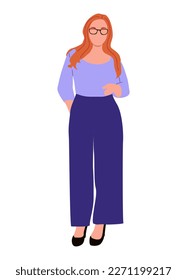 Business woman standing in smart casual outfit.