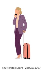 Business woman standing with suitcase. Pretty lady boss in formal suit talking by mobile phone. Business travel concept flat vector illustration isolated on white background.