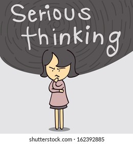 Business woman standing and thinking seriously. You can write your own text replace message ' serious thinking'. 