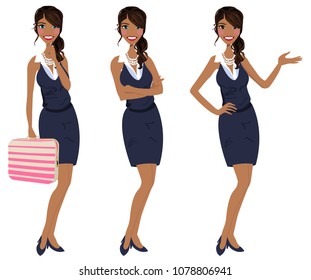 Business Woman standing in three poses presenting, arms crossed and holding briefcase.  Latina business woman in business casual dress skirt.  Cartoon business woman graphic standing vector.