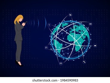 Business woman standing and using smartphone for connection by technology, concept Anytime Anywhere connection to Global network vector illustration 