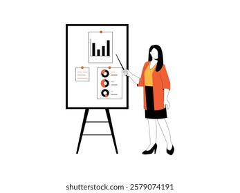 Business woman standing while presenting on a large screen showing her work project and charts.
design, vector, illustration
