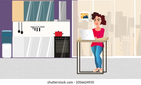 Business woman standing and working at home. Vector Business Characters Scene illustration. freelance vector concept. Business co working process.