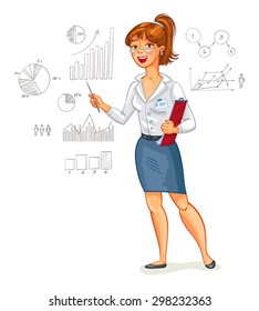 Business Woman Stands At The Blackboard With Charts. Funny Cartoon Character. Vector Illustration. Isolated On White Background