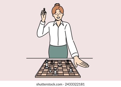 Business woman stands near chessboard, talking about importance of strategic planning and personnel skills. Chess pawn in hands of strategically thinking businesslady planning development of company