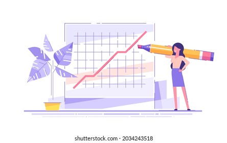 Business woman stands near huge graphic of growth companies indicators with big marker on her shoulder. Business analysis and planning, increase profits, business growth. Modern vector illustration.