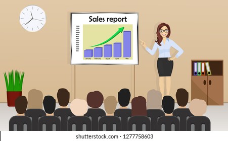 Business woman stands near presentation board with sales report in the office