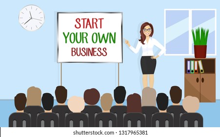 Business woman stands near presentation board with text start your own business