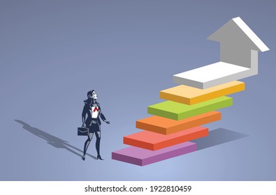 Business Woman Stands Next to Steps Indicating Phases Blue Collar Illustration Concept