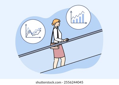 Business woman stands on escalator and moves up career ladder, located among financial charts. Concept career growth through ambition and motivation to achieve your goals or increase your own income