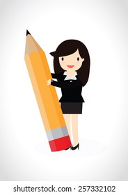 Business woman stands smiling and holding a pencil