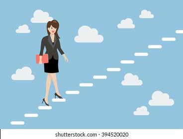 Business Woman Stepping Up A Staircase In The Sky. Business Concept