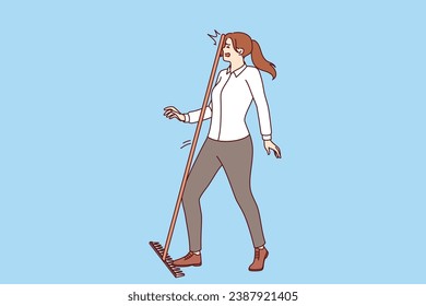 Business woman steps on rake and gets hit on head, demonstrating popular folk wisdom. Stupid girl manager gets injured walking on rake and not wanting to look at feet to avoid career failures