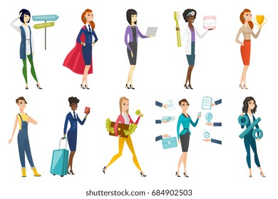 Business woman, stewardess, doctor, farmer set. Woman choosing between entrepreneur and employee career, dentist with toothbrush. Set of vector flat design illustrations isolated on white background.