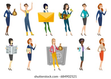 Business woman, stewardess, doctor, farmer set. Corrupt business woman with briefcase full of money, stewardess with bag of money. Set of vector flat design illustrations isolated on white background.