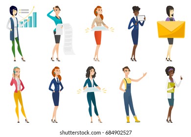 Business woman, stewardess, doctor, farmer set. Business woman analyzing tax bills, giving a contract, holding a mail envelope. Set of vector flat design illustrations isolated on white background.
