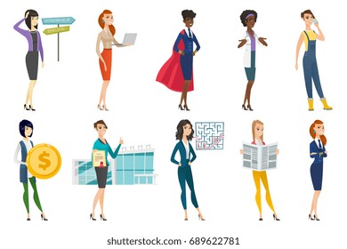 Business woman, stewardess, doctor, farmer set. Stewardess wearing superhero coat, farmer talking on phone, woman choosing career. Set of vector flat design illustrations isolated on white background.