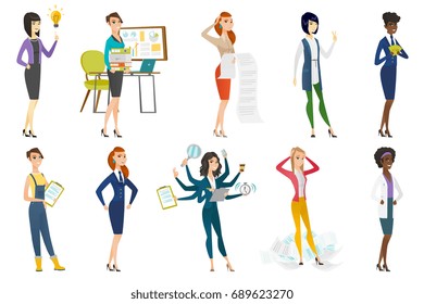 Mulher de negócios, aeromoça, médica, plantadora. Empresária apontando para a lâmpada de ideia, de pé no monte de papéis. Conjunto de ilustrações de design plano vetorial isoladas sobre fundo branco.