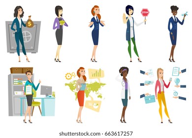 Business woman, stewardess, doctor set. Business woman putting money in safe, holding stop traffic sign and other scenes. Set of vector flat design illustrations isolated on white background.