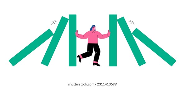 Business woman stopping falling domino. Symbol of crisis, risk, management, leadership concept. Flat vector illustration isolated on white background
