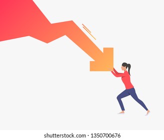 Business Woman Stopping Falling Down Arrow Graph. Crisis Management, Business Protection, Loss Prevention Concept, Presentation Slide Template. Can Be Used For Topics Like Business, Finance, Banking