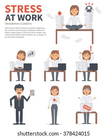 Business woman stress day at work. Vector stress infographic.