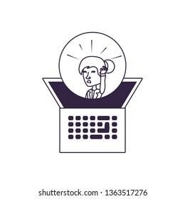business woman stressed in frame circular with laptop computer